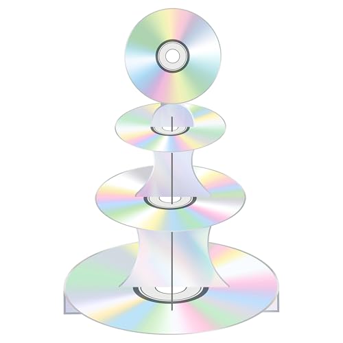 C L cooper life CD Disc Cupcake Stand Retro 90s Party Decoration 3-Tier Iridescent CD Theme Cake Cupcake Holder for 1990s 2000s Birthday Party Throwback 90s Music Party Supplies