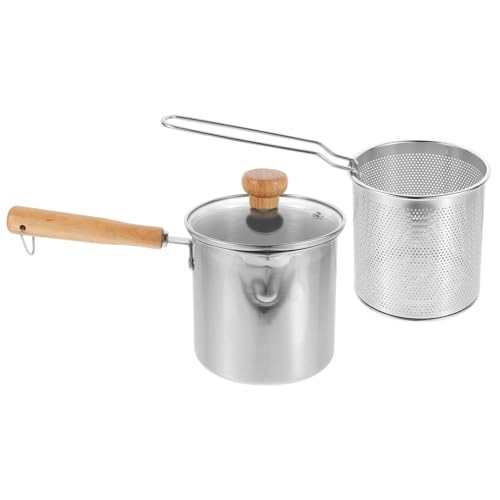 Toyvian Marmite à Tempura Mini Friteuse 2,5 l En Acier Inoxydable Panier à Friture Verre Poignée Bois Cuisson Maison
