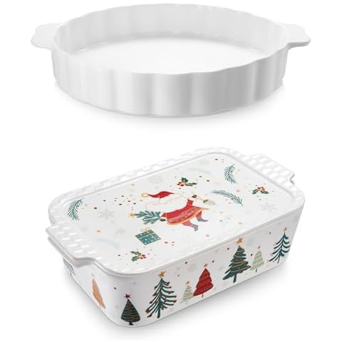 Samsle Ceramic 11.4in Baking Dish With Lid +13Inch Round Pie Pan With Double Handle, Bakeware Set For Cooking Cake Dinner Banquet and Daily Use, Microwave, Dishwasher, and Oven Safe Cover