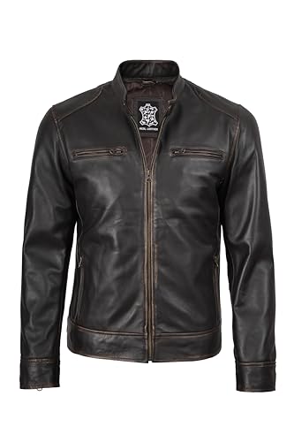 Image of fjackets Mens Leather Jacket - Real Lambskin Cafe Racer Jacket Stand Collar Moto Biker Zip Jacket For Men
