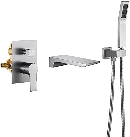 SHAMANDA Waterfall Wall Mounted Bathtub Faucet with Hand Shower, Bathroom Single Handle Tub Faucet Modern Brass Tub Shower Faucet Set(Including Rough-In Valve Body and Trim), Brushed Nickel, L901-2