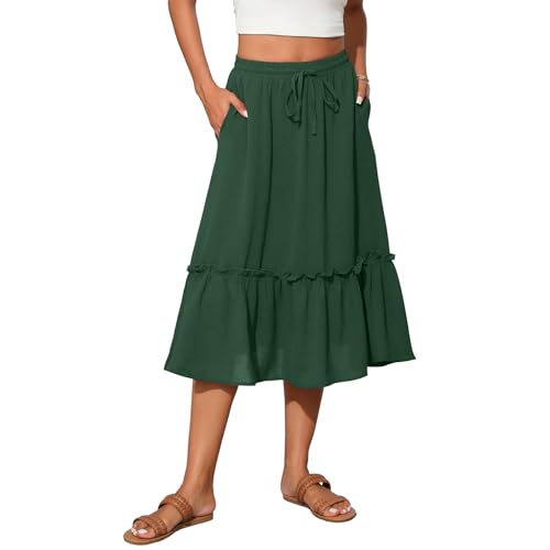 Image of Witsmile Summer Skirts for Women Bohemia Womens Midi Skirt High Waist Pleated Tiered Cover-up(Dark Green,2XL)