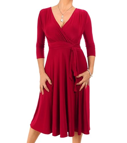 Image of Blue Banana Women's V Neck Fit & Flare Knee Length Dress - Red Size 16