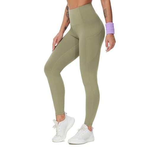 THE GYM PEOPLE Thick High Waist Yoga Pants with Pockets, Tummy Control Workout Running Yoga Leggings for Women X-Large Light Olive Green