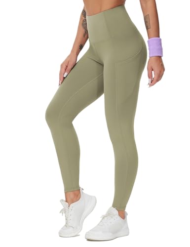 Image of THE GYM PEOPLE Thick High Waist Yoga Pants with Pockets, Tummy Control Workout Running Yoga Leggings for Women