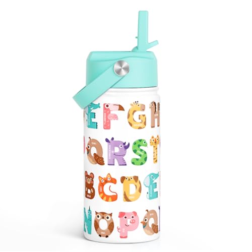 Image of SANDJEST Alphabet Kids Water Bottle with Straw Lid 12oz Insulated Stainless Steel, Travel Tumbler, Animal Gifts for Boys Girls, Birthday, Christmas, Back to School