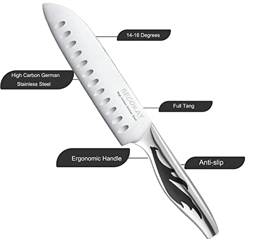 Becokay 7 Inch Santoku Knife, Ultra Sharp Kitchen Chef's Knives, High Carbon Stainless Steel Asian Japanese Chef Knife With Full Tang Handle Gift Case For Kitchen Chopping Meat Vegetable #TOP3