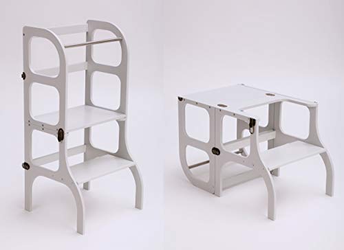 Descapotable Torre de Aprendizaje/Mesa Step'n Sit, all-in-one, Montessori learning tower - GRIS/antique BRASS clasps