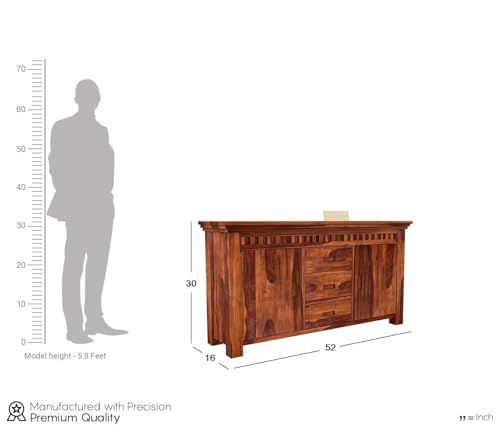 Image of Solid Sheesham Wood Natural Finish Furniture Sideboard Crockery Cabinet for Living Dining Room Console with 3 Drawer & 2 Door Storage Buffet Home Office Accent Table Kitchen Display Unit