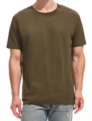 RONOMO Men's Solid Colour T-Shirt 95% Cotton 5% Spandex | Pre-Shrunk Washed | Reinforced Ribbed Collar | Colourfast | Casual Basic Tee Slim Fit（LW Army Green XL