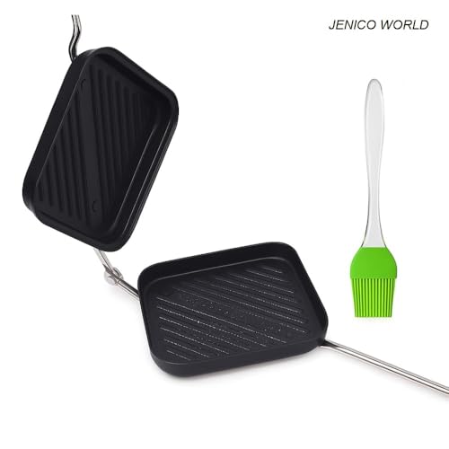 Image of Non-Stick Grill Sandwich Toaster with Nylon Brush | Gas Stove Compatible, Easy to Clean, Ideal for Grilled Sandwiches, Paninis & Tikkas | Durable Aluminium Body | Black