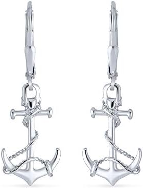 Tropical Nautical Lever back Boat Anchor Rope Drop Dangle Earrings For Women .925 Sterling Silver