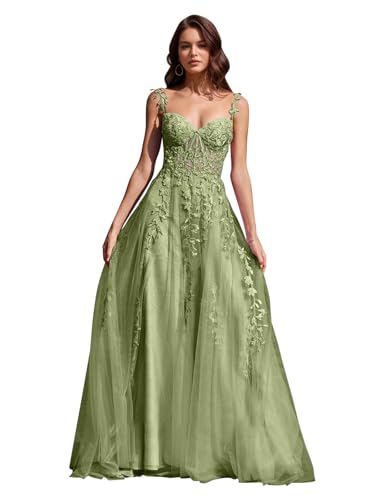 Image of Long Tulle Prom Dresses 2025 V Neck Floral Long Ball Gowns for Women Lace Applique Formal Evening Gowns ACE159
