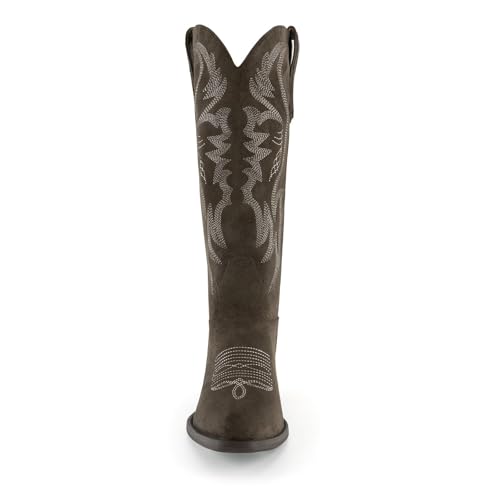 Image of KaroNairy Women Cowboy Boots Faux Suede Embroidered Pointed Thick Heeled Western Wide Calf Cowgirl Ponited Toe Mid Calf Boots