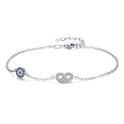 Tongzhe Blue Evil Eye Infinity Link Bracelet In S925 Silver W/Cubic Zirconia & Adjustable 7"+1" Cable Chain #TOP5