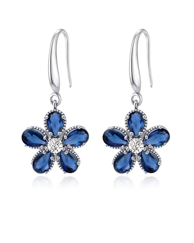Elaximn 925 Sterling Silver Blue Sapphire Flower Earrings for Women