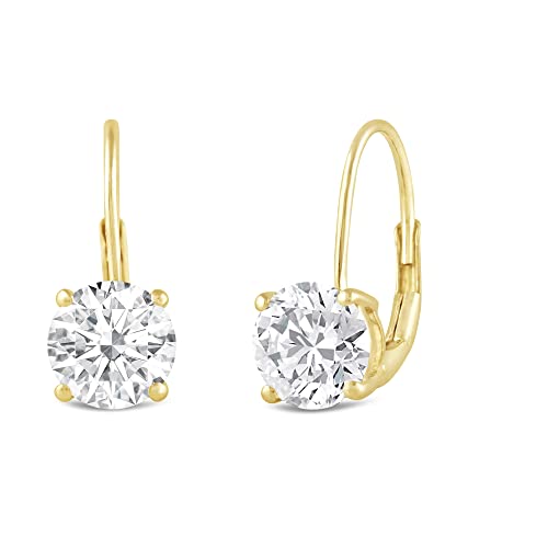 14K Solid Gold Earrings | Round Princess Cushion Oval Pear and Emerald Cut Cubic Zirconia|Lever back Drop and Dangle Basket Setting | 0.50 to 2.0 CTW | With Gift Box4