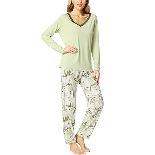 GYS Bamboo Pajamas Set for Women V Neck Long Sleeve Sleepwear with Pants Soft Comfy Pj Lounge Sets S-4X, Cantaloupe Green, XX-Large Plus