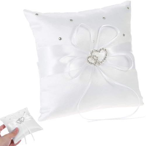 Qanye 1 pcs Cojín Anillos Boda, 20x20 cm Doble Corazón Porta Alianzas, con Lazo, Soporte Portador de Anillos Romántico para Ceremonia, Accesorio Decoración Bodas Elegante (Blanco)