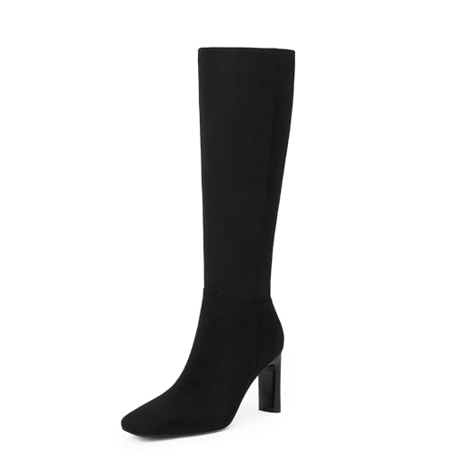 Modatope Black Suede Boots for Women Knee High Block Chunky Heel Square Toe Long Boots Size 6.5
