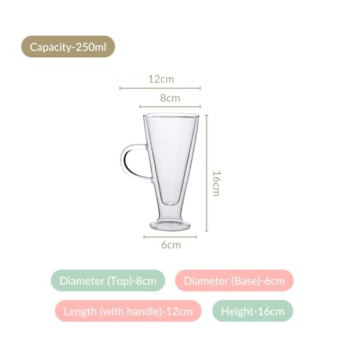Image of Nestasia Double Wall Glass Mugs with Handle | Crystal Clear Tall Glass for Coffee, Tea, Hot & Cold Beverages | 250ml - Set of 2