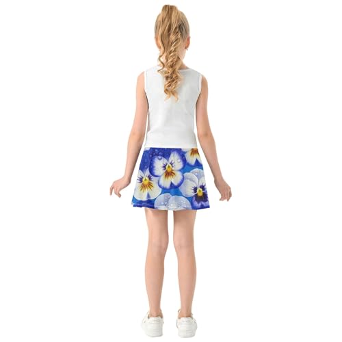 Athletic Shorts Girls Skorts Blue White Pansy Flowers Skirts with Shorts Floral Girl Skort 3t4