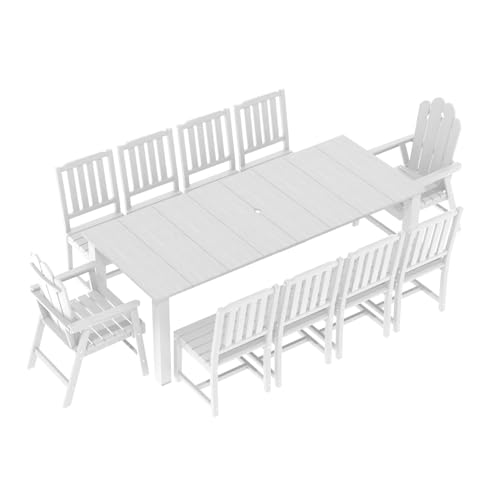 Ayge 11-Piece 10-Seat Patio Dining Set, HDPE All-Weather Outdoor Furniture with Umbrella Hole Table, 2 Armchairs & 8 Armless Chairs (White) White 11