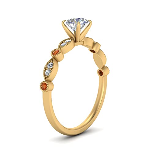 Image of Choose Your Gemstone Vintage Scalloped Diamond CZ Ring Yellow Gold Plated Round Shape Milgrain Engagement Rings Matching Jewelry Wedding Jewelry Easy to Wear Gifts US Size 4 to 12