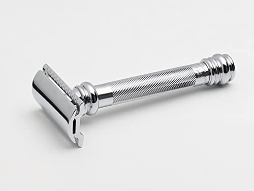 MERKUR 38C Double Edge Safety Razor - Bright Chrome, Extra Large Barber Pole Grip Brass Handle, Made in Germany, Plastic-Free, Two Piece Design, Closed Comb, Straight Bar