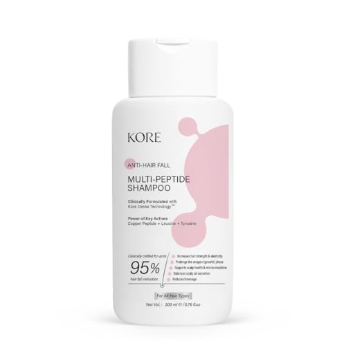 Image of KORE Anti Hair Fall Multi-Peptide Shampoo | Clinically Crafted for Up to 95% Hair Fall Reduction | Powered with KORE Dense Technology | Copper Peptide, Leucine & Tyrosine | Repairs Dry & Damaged Hair | 200 ml
