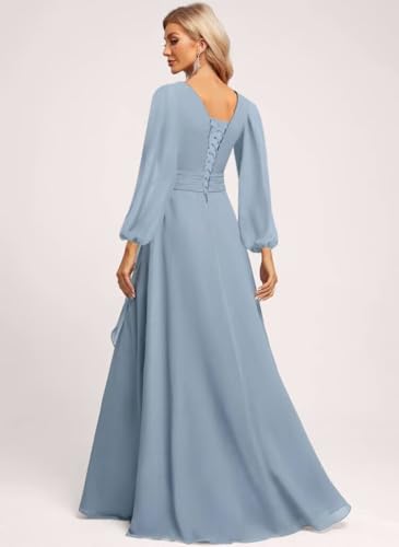 V Neck Ruffles Long Sleeve Bridesmaid Dresses for Women A Line Corset Pleated Formal Dress with Slit2