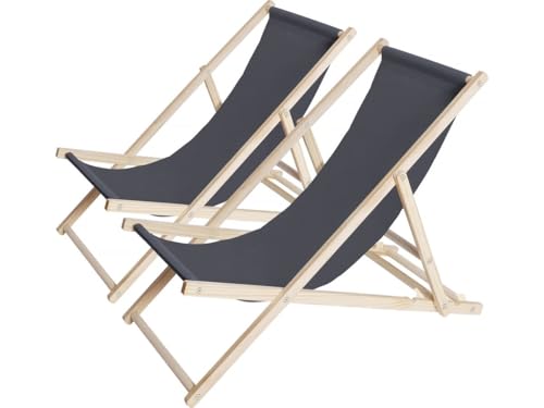 Habitat et Jardin - Lot de 2 Bains de Soleil en Bois Chilienne - Transats Pliables, Empilables - Chaises de Jardin, Piscine et Balcon Inclinables en Tissu...