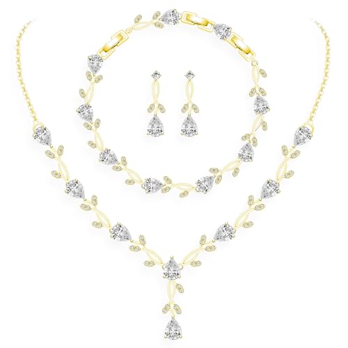 GZWHD Wedding Jewelry Sets for Bride Bridesmaid Women Wedding Earrings Necklace Bracelet Set Golden...