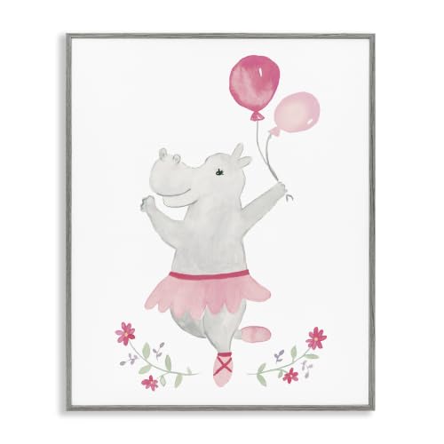 Ballerina Hippo Floral Nursery Charm, 11 x 14 Inch Framed Giclée Print