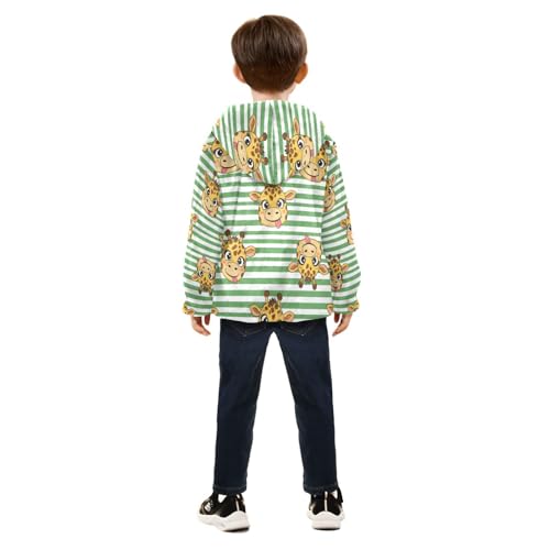 Giraffe Faces on Green Stripes Toddler Fleece Jacket Girl Boys Hooded Fleece Jacket Coat Warm Outwear Zip-up 3-10T4