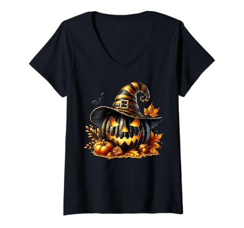 Mujer Black Pumpkin Graphic For Women and Girls Halloween Witches Camiseta Cuello V