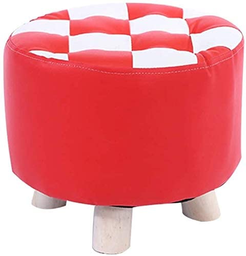 Tabouret salon rouge en cuir avec pieds bois pour table basse chambre