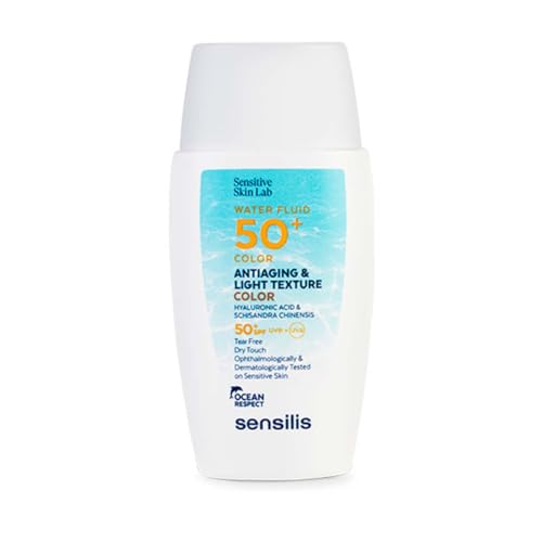 Sensilis - Water Fluid 50+ Color, Fotoprotector Antiedad Facial con Ácido Hialurónico y Vitamina E, Ultra-Fluido con Color Acuoso y SPF 50+, para Pieles Sensibles - 40 ml