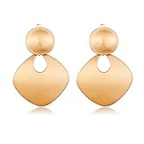 CLASSYZINT Satin Gold Clip On Earring For Women Handmade Brushed Gold Geometric Brass Disc Drop Dang
