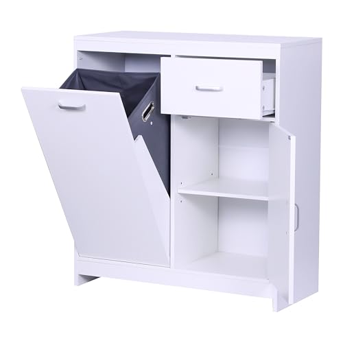 Relaxdays Laundry Cabinet with Fold-Out Laundry Bag 48L, Drawer, 2 Closed Compartments, Dimensions: 90 x 80 x 35 cm, White