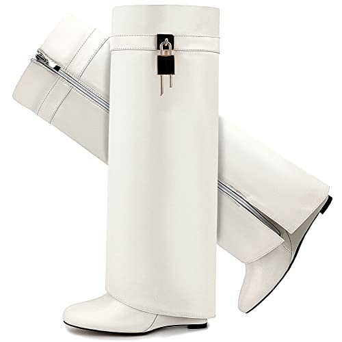 Image of Fold Over Boots for Women Pointy Pull-on Wedge Heel Knee Shark Boot With Side Zipper Padlock Design