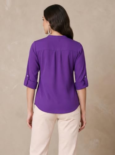 Image of FYLTR Women's Casual Roll -Up Sleeves Rayon V-Neck Top - Western Tops | Shirts for Women | Soft & Comfortable | Tops for Jeans