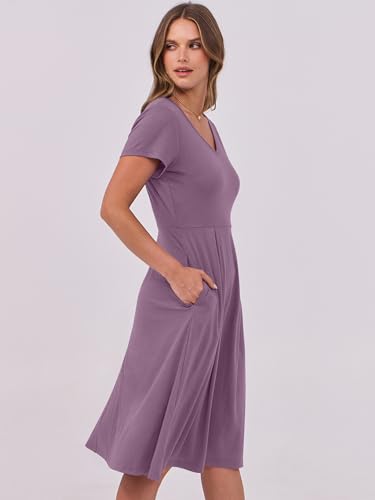 Image of ANRABESS Women Summer Dress Casual Short Sleeve V Neck A-Line Knee Length Pleated Flowy 2026 Fashion Midi Dresses with Pocket