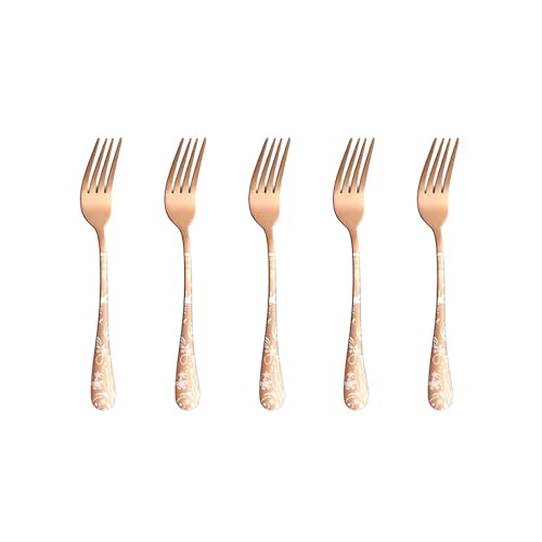 Image of 6.7 inch Rosegold Salad Forks with Floral Printed Handle | Set of 5 Durable Stainless Steel Fruit Forks | Mirror Polished Silverware for Home, Restaurants, and Gift Giving