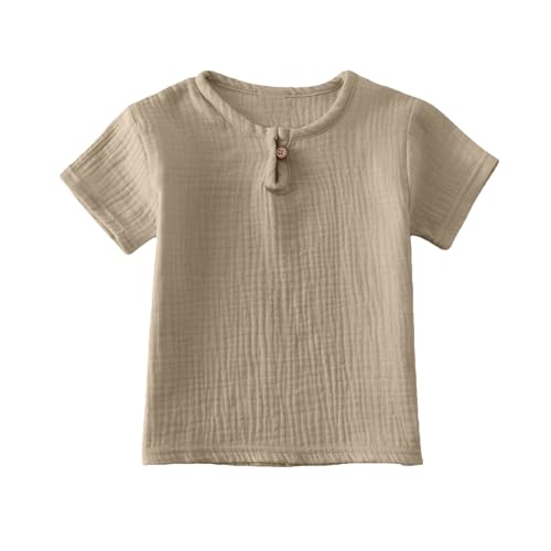 Baumwolle Leinen T-Shirt Mit Knöpfen Kleinkind Jungen Atmungsaktiv Lässig Sommer Sportshirt Mädchen Bequem Casual Weiche Einfarbig Rundhals Kurzarm Top Kids Boys Girls Fashion (Brown, 12-18 Months)