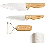 Kibbidea Kindermesser-Set 4-teilig zum schneiden, Abgerundete Spitzen, Mäßig Scharfe Wate, Edelstahl, Holzgriff
