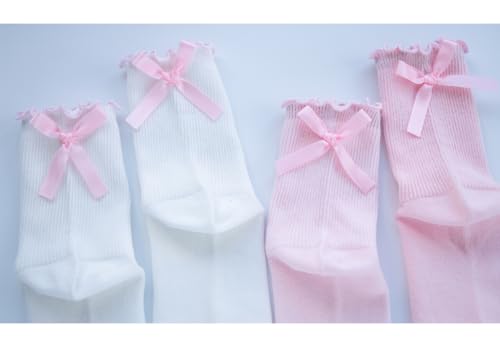 Image of Womens Bow Socks Ruffle Casual Crew Black Whitte Soft Breathable Cotton 4 Pairs Socks