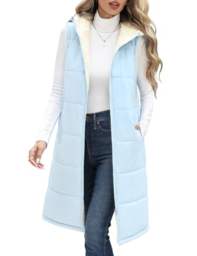Vancavoo Weste Damen Lang mit Kapuze Herbst Winter Steppweste Ärmellose Jacke Daunenweste Gefüttert Fleeceweste Warme Longweste Kapuzenweste Freizeit Übergangsweste,Blau,M