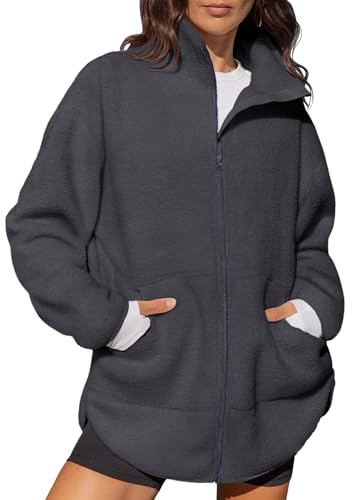 LASLULU Fleece Jacket for Women Zip Up Sherpa Sweater Long Sleeve Workout Coat Y2K Sweatshirts Winter Fashion 2026(Dark Grey Large)