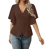 Womens Dressy Tops Casual Ruffle Short Sleeve Henley V Neck Blouses with Buttons Fashion Summer Work Vacation Shirts Coffee